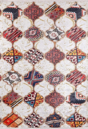 Ekru Patchwork Desenli Kaymaz Taban Salon Halısı Koridor Bohem Stil