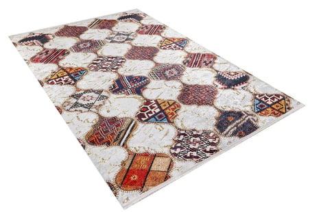 Ekru Patchwork Desenli Kaymaz Taban Salon Halısı Koridor Bohem Stil