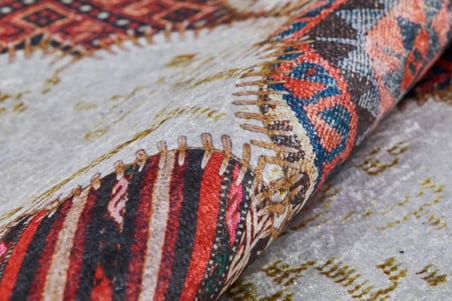 Ekru Patchwork Desenli Kaymaz Taban Salon Halısı Koridor Bohem Stil