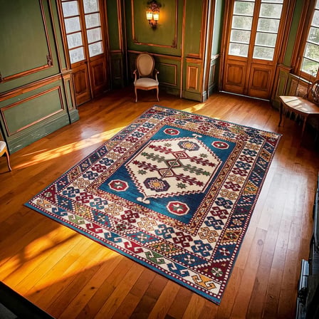 Kobalt Mavi Geometrik Yıkanabilir Kaymaz Salon Halısı Koridor Tipi