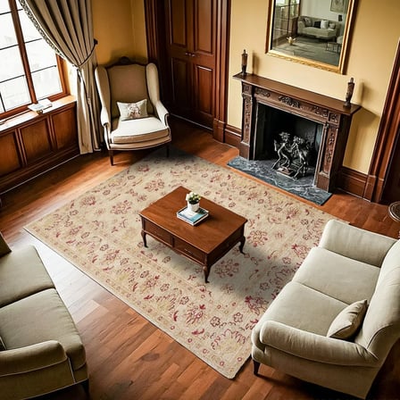 Ekru Çiçekli Dijital Baskı Salon Halısı Kaymaz Tabanda Şıklık