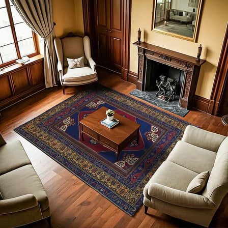 Mavi Klasik Madalyon Desenli Dijital Baskı Salon Halısı Koridor