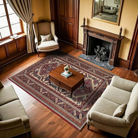 Bordo Krem Etnik Geometrik Salon Halısı Dijital Baskı Koridor
