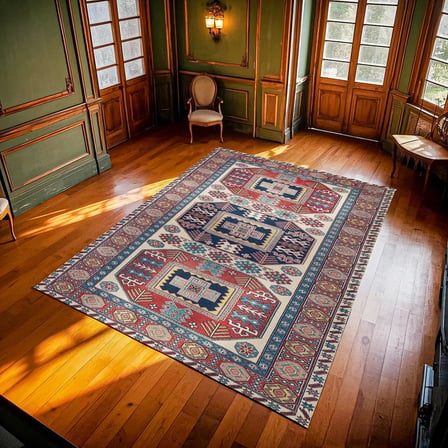 Krem Bordo Geometrik Etnik Kaymaz Tabanlı Salon ve Koridor Halısı