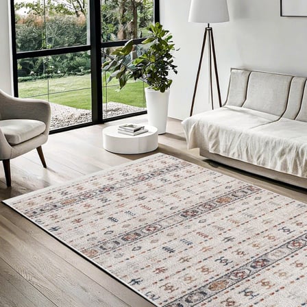Krem Geometrik Desenli Salon Halısı Etnik Bohem Stil Kaymaz Tabanlı