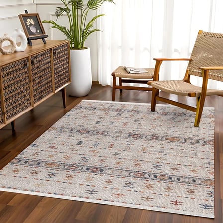Krem Geometrik Desenli Salon Halısı Etnik Bohem Stil Kaymaz Tabanlı