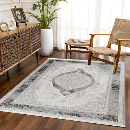 Gri Eskitme Madalyonlu Kaymaz Taban Salon Halısı Klasik Stil Dijital Baskı