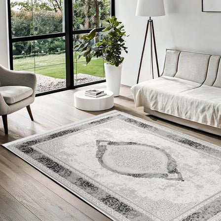 Gri Eskitme Madalyonlu Kaymaz Taban Salon Halısı Klasik Stil Dijital Baskı