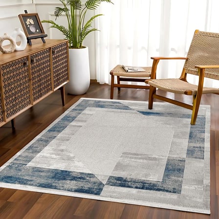 Krem Mavi Geometrik Desenli Dijital Baskı Halı Kaymaz Tabanlı Salon ve Koridor Uyumlu