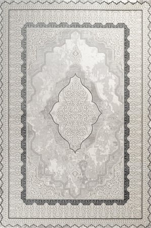 Gri Eskitme Madalyon Desenli Kaymaz Tabanlı Dijital Baskı Salon Koridor Halısı