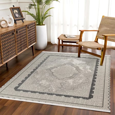Gri Eskitme Madalyon Desenli Kaymaz Tabanlı Dijital Baskı Salon Koridor Halısı