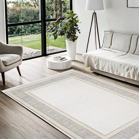 Gri Bordürlü Modern Salon Halısı Dijital Baskı Kaymaz Tabanlı Koridor Halısı