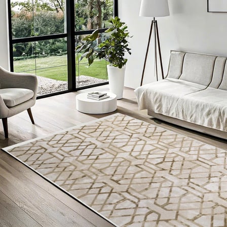 Bej Modern Geometrik Desenli Kaymaz Tabanlı Yıkanabilir Salon Koridor Halısı