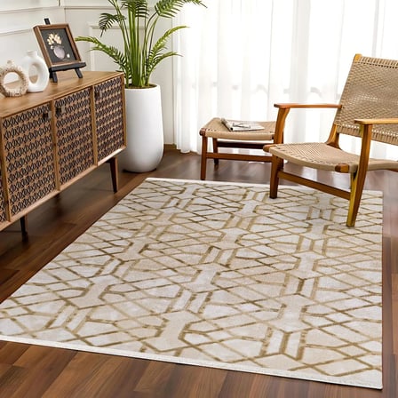 Bej Modern Geometrik Desenli Kaymaz Tabanlı Yıkanabilir Salon Koridor Halısı