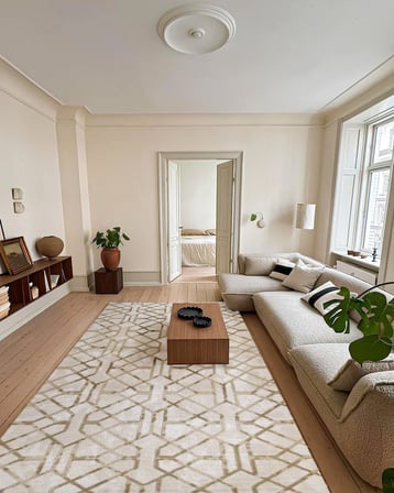 Bej Modern Geometrik Desenli Kaymaz Tabanlı Yıkanabilir Salon Koridor Halısı