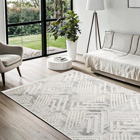 Gri Ekru Geometrik Modern Salon Halısı Kaymaz Taban Koridor Eskitme Vintage