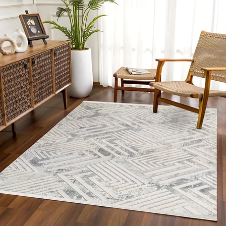 Gri Ekru Geometrik Modern Salon Halısı Kaymaz Taban Koridor Eskitme Vintage