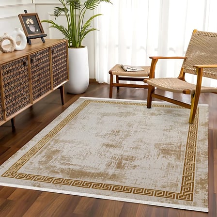 Bej Geometrik Desenli Eskitme Salon Halısı Kaymaz Tabanlı Koridor Modeli