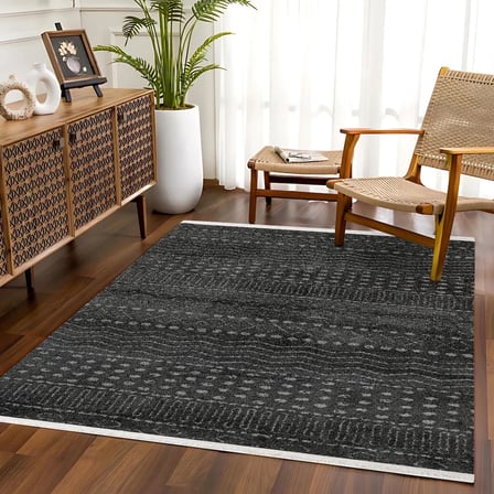 Antrasit Gri Geometrik Desenli Kaymaz Tabanlı Salon Koridor Halısı