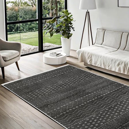 Antrasit Gri Geometrik Desenli Kaymaz Tabanlı Salon Koridor Halısı