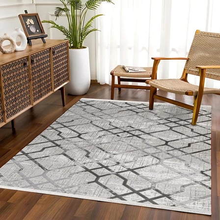 Gri Geometrik Desenli Modern Eskitme Salon Halısı Kaymaz Tabanlı Koridor Halısı