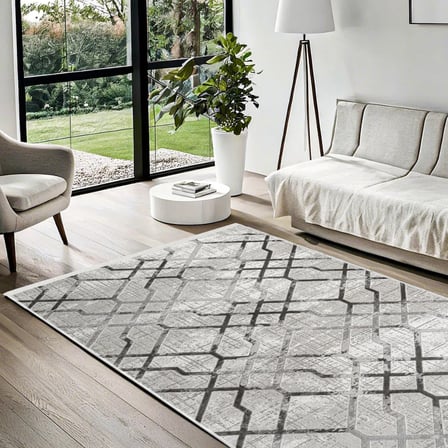 Gri Geometrik Desenli Modern Eskitme Salon Halısı Kaymaz Tabanlı Koridor Halısı