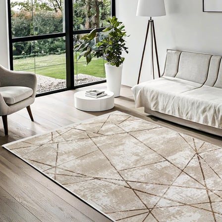 Modern Bej Geometrik Desenli Kaymaz Taban Salon ve Koridor Halısı Dijital Baskı