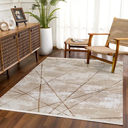 Modern Bej Geometrik Desenli Kaymaz Taban Salon ve Koridor Halısı Dijital Baskı