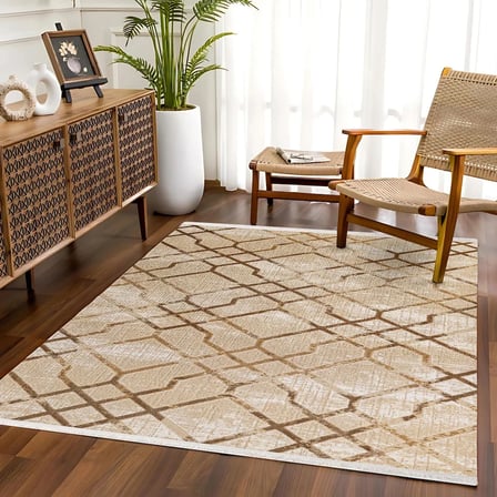 Bej Geometrik Desenli Kaymaz Taban Yıkanabilir Salon ve Koridor Halısı