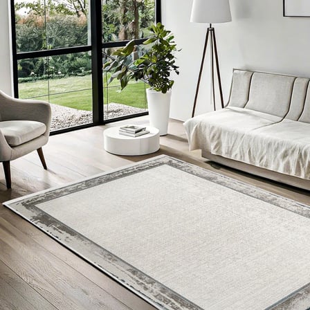 Krem Dijital Baskı Salon Halısı Bordürlü Modern Kaymaz Taban Koridor