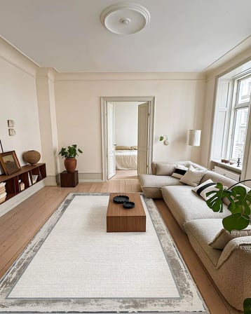 Krem Dijital Baskı Salon Halısı Bordürlü Modern Kaymaz Taban Koridor