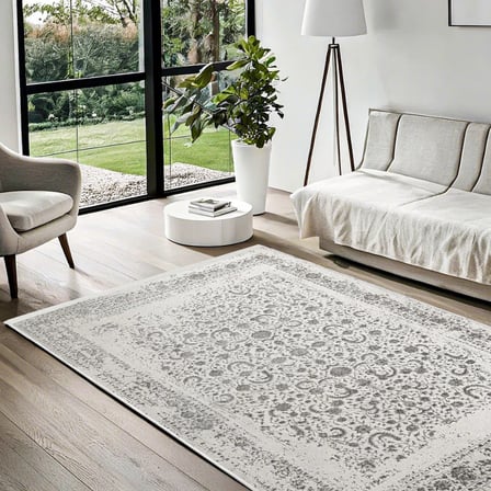 Krem Beyaz Eskitme Çiçekli Salon Halısı Klasik Tasarım Kaymaz Tabanlı Dijital Baskı