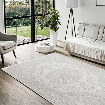 Gri Dijital Baskı Klasik Madalyon Desenli Salon Halısı Kaymaz Tabanlı