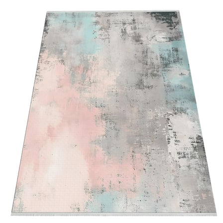 Gri Pembe Soyut Desenli Pastel Tonlu Modern Kaymaz Taban Salon Halısı Dijital Baskı