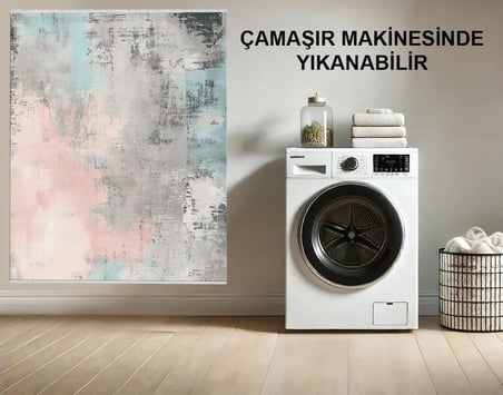 Gri Pembe Soyut Desenli Pastel Tonlu Modern Kaymaz Taban Salon Halısı Dijital Baskı