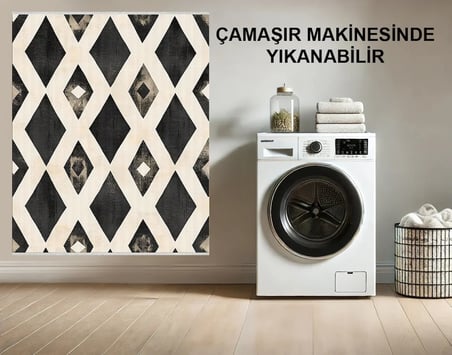 Krem Siyah Detaylı Modern Kaymaz Taban Makinede Yıkanabilir Salon Halısı Dijital Baskı