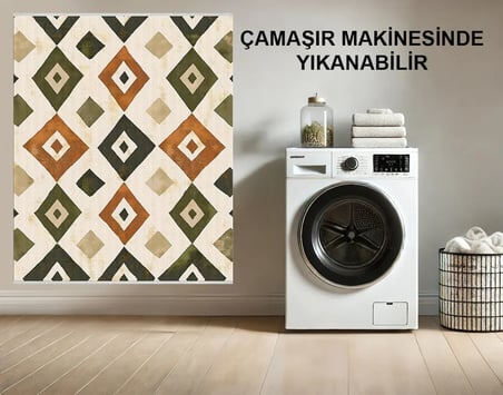 Krem Baklava Desenli Modern Kaymaz Taban Makinede Yıkanabilir Salon Halısı Dijital Baskı