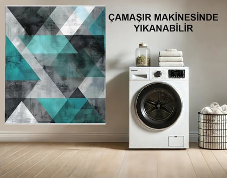 Turkuaz Üçgen Desenli Modern Kaymaz Taban Makinede Yıkanabilir Salon Halısı Dijital Baskı
