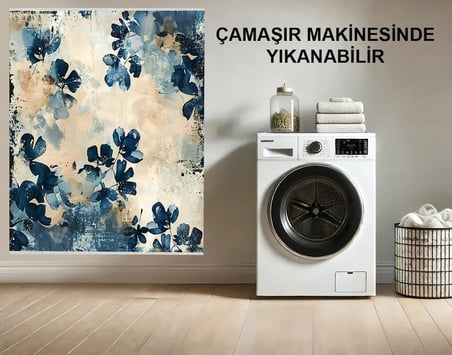 Mavi Soyut Çiçek Motifli Modern Kaymaz Taban Makinede Yıkanabilir Salon Halısı Dijital Baskı