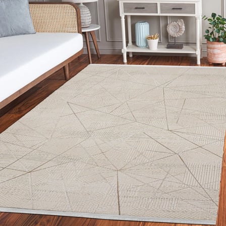 Bej Geometrik Desenli Kaymaz Tabanlı Modern Salon ve Koridor Halısı