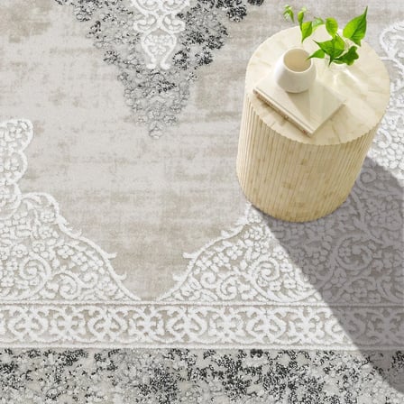Antrasit Madalyon Desenli Dijital Baskı Salon Halısı Kaymaz Tabanlı