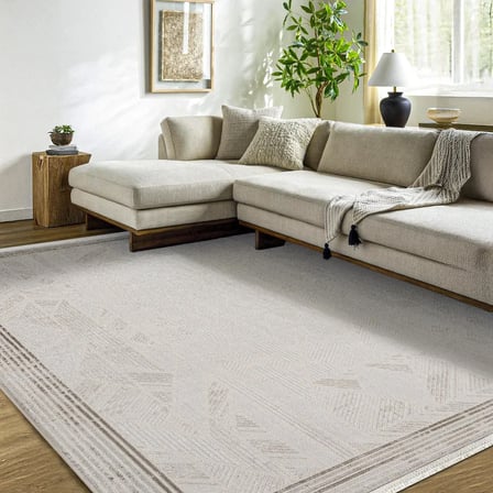 Krem Bej Geometrik Desenli Modern Salon Halısı Kaymaz Taban Dijital Baskı