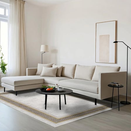 Ekru Beyaz Bordürlü Etnik Desenli Dijital Baskı Salon Halısı Kaymaz Taban