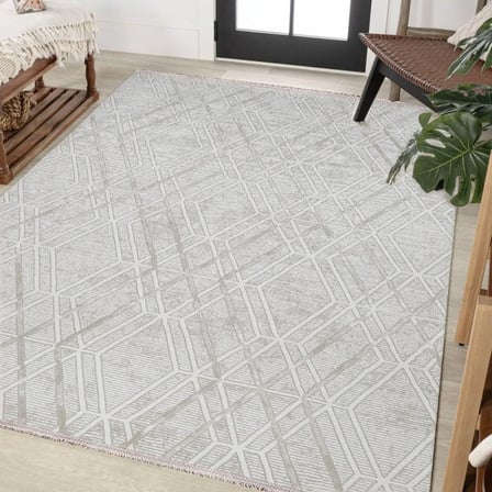 Gri Geometrik Desenli Dijital Baskı Salon Halısı Kaymaz Tabanlı Modern