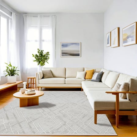 Gri Geometrik Desenli Dijital Baskı Salon Halısı Kaymaz Tabanlı Modern