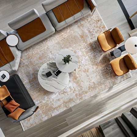 Outlet - Krem Altın Eskitme Vintage Bordürlü Modern Kaymaz Taban Salon Halısı Dijital Baskı