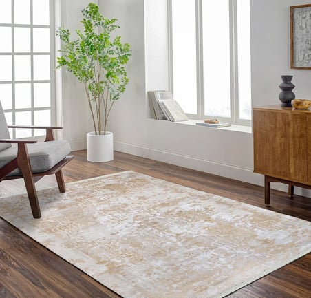 Outlet - Krem Altın Eskitme Vintage Bordürlü Modern Kaymaz Taban Salon Halısı Dijital Baskı