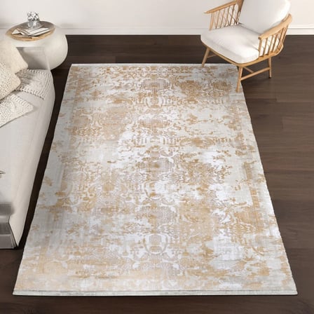 Outlet - Krem Altın Eskitme Vintage Bordürlü Modern Kaymaz Taban Salon Halısı Dijital Baskı