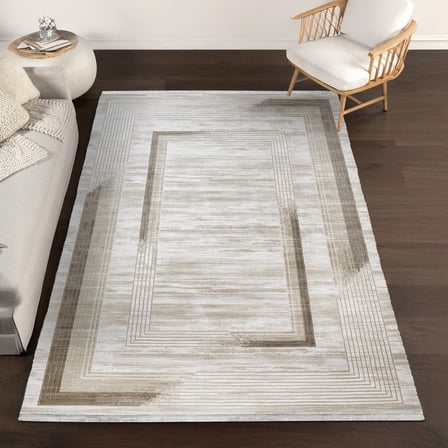 Outlet - Bej Gri Geometrik Lineer Dikdörtgen Modern Kaymaz Taban Salon Halısı Dijital Baskı