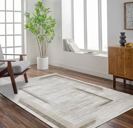 Outlet - Bej Gri Geometrik Lineer Dikdörtgen Modern Kaymaz Taban Salon Halısı Dijital Baskı